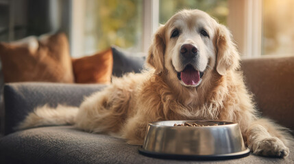 Senior golden retriever dog eating from its bowl inside a house