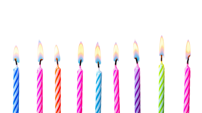Colorful birthday candles, pixelated style, with flames