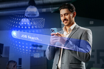 Professional man engaged in job search activity using smartphone in modern office environment