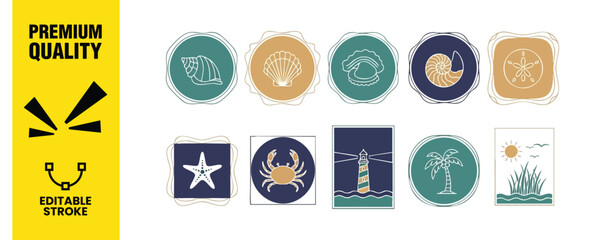Fototapeta premium Collection of handdrawn marine elements in a stamp style, set of vintage sea elements for summer design decorative shells, vector illustration