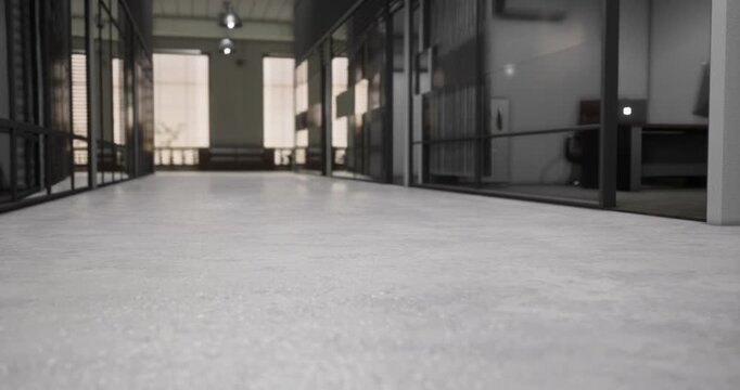A sleek corridor in an elegant structure, featuring floor to ceiling windows that allow sunlight to disperse across the polished concrete floor. Shadows dance on the walls, enhancing the aesthetic.