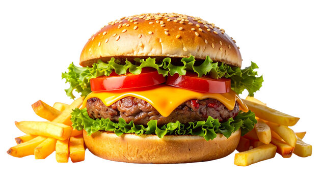 High-quality gourmet beef burger with fries isolated on white background, perfect fast food and junk food concept. - Powered by Adobe