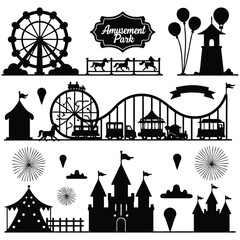 Naklejka premium Amusement park attractions silhouettes with clouds and firework