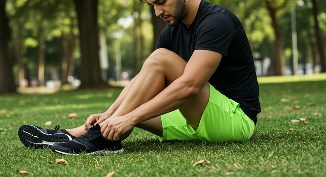 Man tying shoelaces while sitting on grass in a park - Powered by Adobe