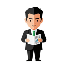 Cartoon Businessman Holding Company Report with Financial Charts.