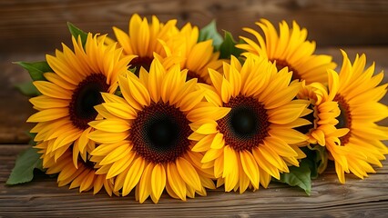 Golden-toned sunflower arrangement on rustic wood, radiating warmth and rustic charm.