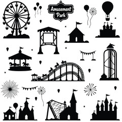 Naklejka premium Amusement park attractions silhouettes with clouds and firework