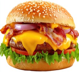 A juicy cheeseburger with bacon, onion, and tomato