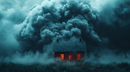 A solitary house stands amidst dry grass engulfed by a massive dark storm cloud conveying a sense of impending crisis