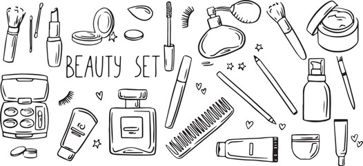 Fashion Accessories Outline Vector – Hand Drawn Bag, Perfume, Makeup, Eyewear Doodles, Minimal Black and White Clipart Illustration