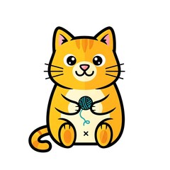Obraz premium Adorable cartoon ginger cat playfully engaging with a ball of blue yarn on a white background, embodying cuteness and domestic charm