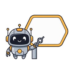 Cute futuristic robot character pointing to an empty display board, perfect for educational content or tech concepts