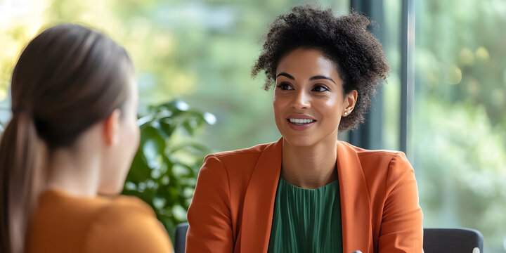 Two women having a professional meeting in a bright office.