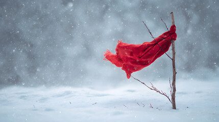 Red Scarf on a Stick in a Snowy Blizzard

