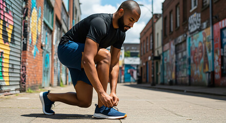 Man tying his shoelaces before a run in an urban street setting