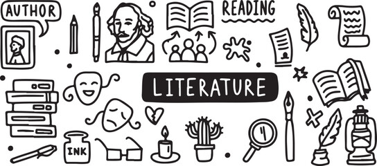 Literature Outline Vector – Hand Drawn Books, Reading, Education, Study, Knowledge Doodles, Minimal Black and White Clipart Illustration