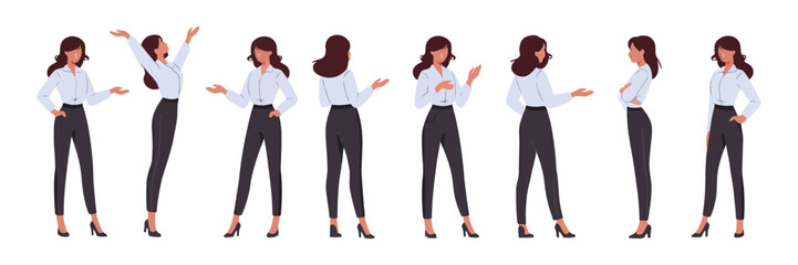 Fototapeta premium Female Consultant Cartoon Vector, Flat Illustration of Professional Businesswoman in Office Outfit, Pointing, Showing, and Working Poses Isolated on White Background