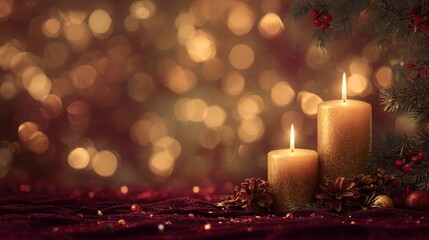 Elegant Christmas xmas background, soft golden bokeh lights, warm candle glow, deep red velvet textures, subtle pine branches in the corners, lots of negative space in the center for text, 16:9