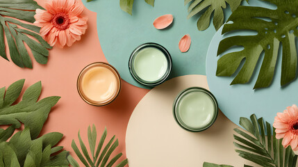 Top-Down View of Cosmetic Creams and Monstera Leaves