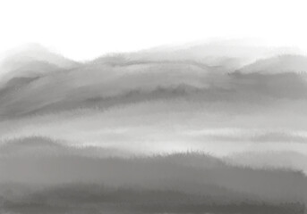 Fog in the mountains, black and white painting