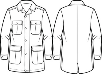 Front and back view of a white safari jacket with four front pockets and long sleeves Keywords: safari jacket, utility jacket