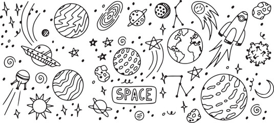 Space Outline Vector – Hand Drawn Planets, Stars, Rocket, Galaxy, Universe Astronomy Doodles, Minimal Black and White Clipart Illustration © Geetaroy