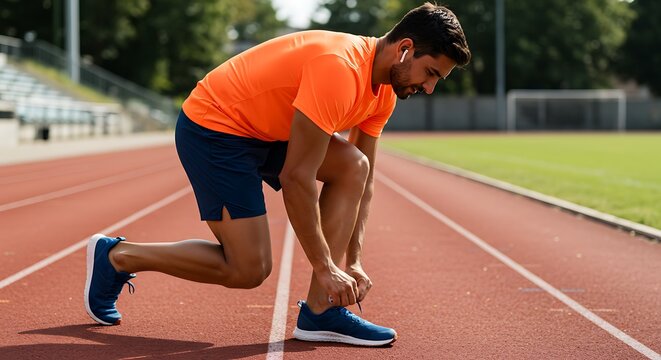 Athlete stretching on a running track, preparing for exercise