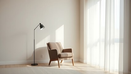 A minimalist living room corner featuring a modern armchair and floor lamp in neutral tones.