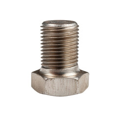 Macro Photograph of a Silver Hex Bolt on White Background