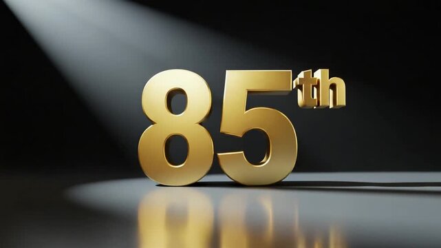 Elegant golden 85th anniversary number animation with luxury spotlight, perfect for milestone birthdays and corporate jubilees