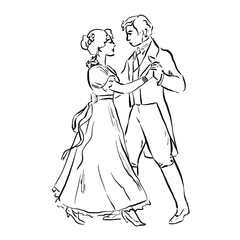 Romantic vintage couple dancing elegant waltz. Vector whimsical quickly sketch line art illustration for book romance themes, wedding stationery, Valentine decor, posters, prints, literature projects