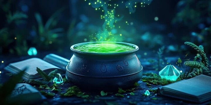 Enchanted cauldron bubbling in a mystical forest setting