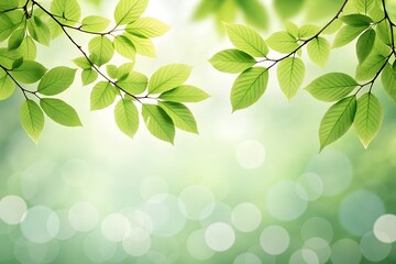 Nature-themed background. It features the bright green leaves and branches of a tree at the top, illuminated by what appears to be sunlight filtering through them.