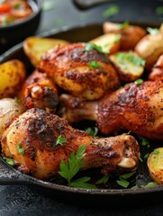 Golden-brown Peruvian chicken legs, seasoned with spices, are served with tender potatoes on a rustic cast iron plate. Fresh salsa complements the meal
