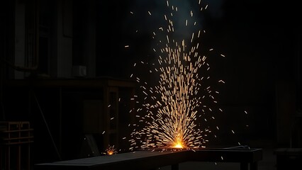 An industrial workshop with glowing sparks, showcasing dynamic energy in a dark environment.