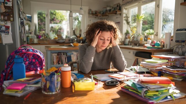 Stressed mother managing children's schoolwork at cluttered kitchen table