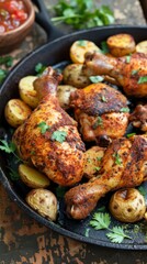 Crispy, golden-brown chicken legs rest among tender roasted potatoes, seasoned with Peruvian spices. A side of fresh salsa and cilantro adds a vibrant touch