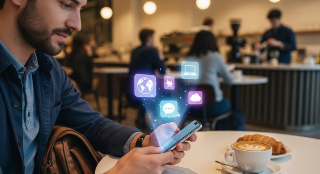 Young man using smartphone in a modern cafe, social media icons hover above the phone. He enjoys a coffee and croissant. Perfect for technology, communication, or lifestyle concepts.