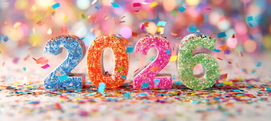 Buntes neues Jahr 2026 - Hintergrund f&uuml;r Kinder Silvesterparty