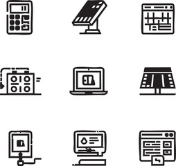Technology icons vector set: calculator, solar panel, computer, and more eps silhouette