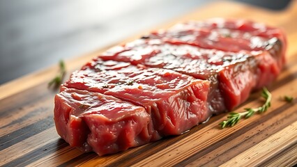 Close-up of raw beef on a wooden surface, showcasing freshness and culinary appeal.