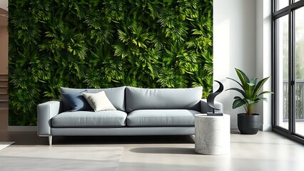 Contemporary living space with minimalist grey sofa against a botanical green wall.