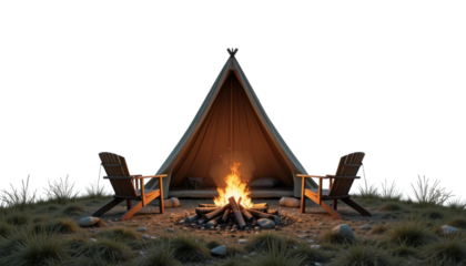 A peaceful summer landscape of a wooden tent or teepee nestled in the woods, with the sky above and the sea nearby