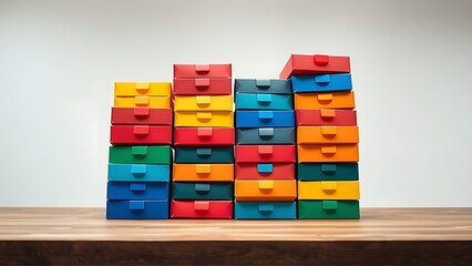 Colorful package boxes neatly stacked on a wooden table, showcasing modern packaging design.