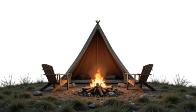 A peaceful summer landscape of a wooden tent or teepee nestled in the woods, with the sky above and the sea nearby