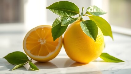 Fresh lemon with green leaves on marble, highlighted by natural window light.