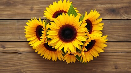 Sunflower arrangement on a rustic wooden surface with warm yellow tones.
