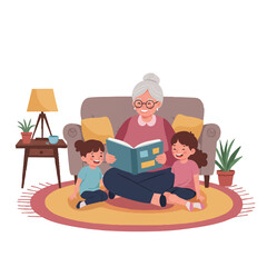 Fototapeta premium Happy grandmother reading a storybook to her two cheerful grandchildren, sitting together on a vibrant rug in a cozy living room, presented as a charming 2D flat vector illustration.
