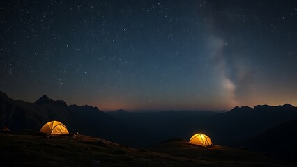 Starry mountain landscape at night with an illuminated tent under the milky way, serene and vast.