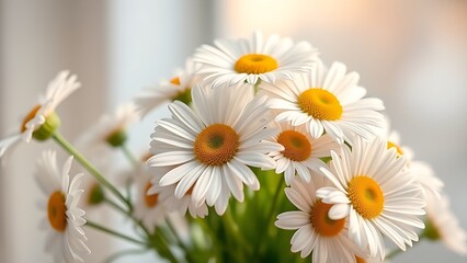 Fresh daisy bouquet bathed in soft sunlight, showcasing delicate pastel petals.